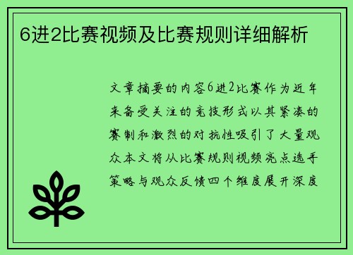 6进2比赛视频及比赛规则详细解析